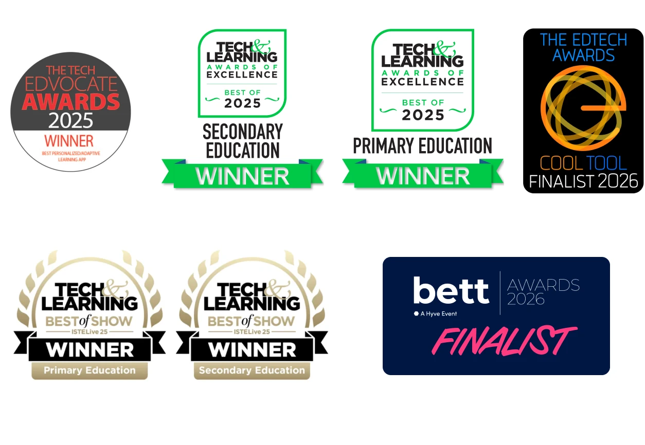 Award badges: The Tech Edvocate Awards 2025 winner; Tech and Learning Awards of Excellence Best of 2025 winner in Secondary Education and in Primary Education; The EdTech Awards Cool Tool finalist 2026; Tech and Learning Best of Show winner badges for Primary and Secondary Education; and BETT Awards 2026 finalist badge.