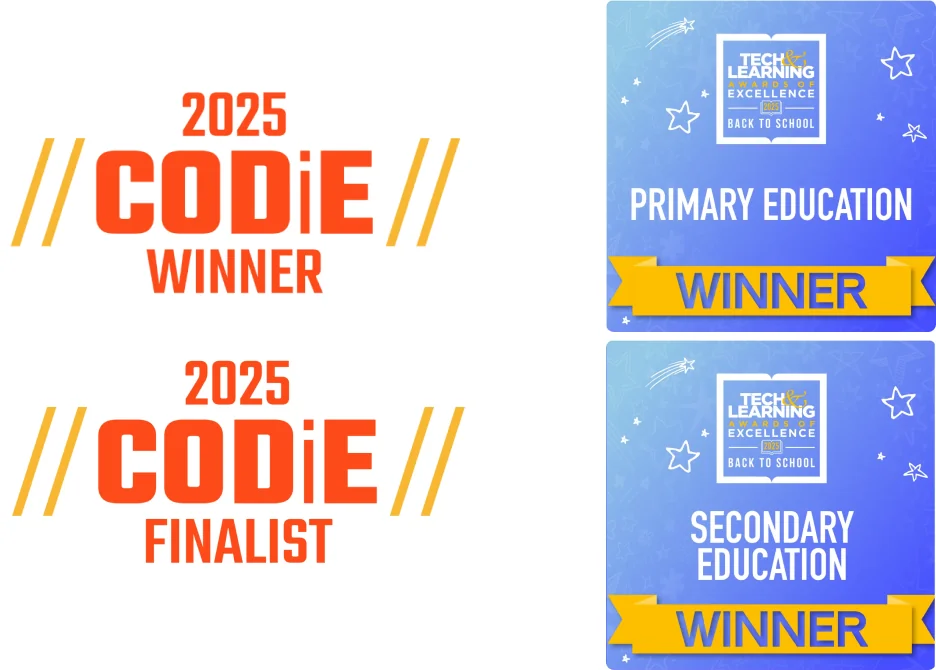 Award badges: 2025 CODiE winner; 2025 CODiE finalist; Tech and Learning Awards of Excellence Back to School winner badges for Primary Education and Secondary Education.