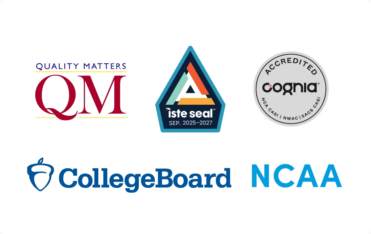 Approval and accreditation logos: Quality Matters, ISTE Seal (September 2025–2027), Cognia accredited, College Board, and NCAA.