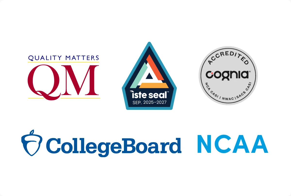 Approval and accreditation logos: Quality Matters, ISTE Seal (September 2025–2027), Cognia accredited, College Board, and NCAA.