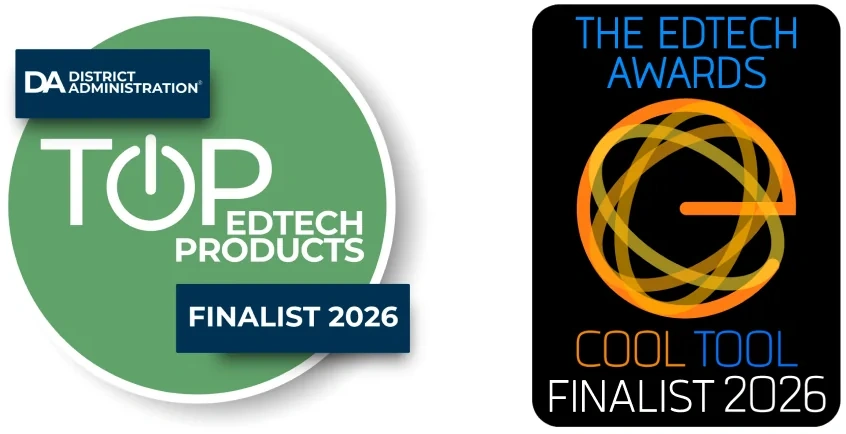 Award badges: District Administration Top EdTech Products finalist 2026 and The EdTech Awards Cool Tool finalist 2026.