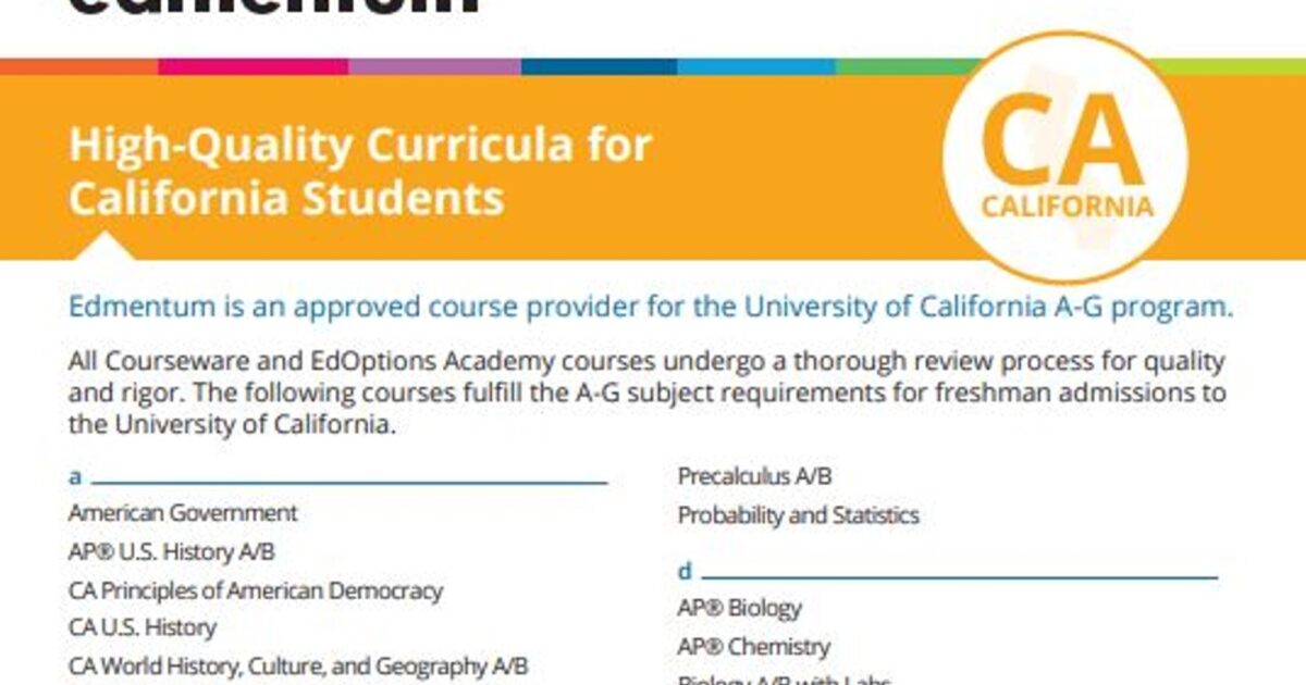 California quot a g quot Course List Edmentum
