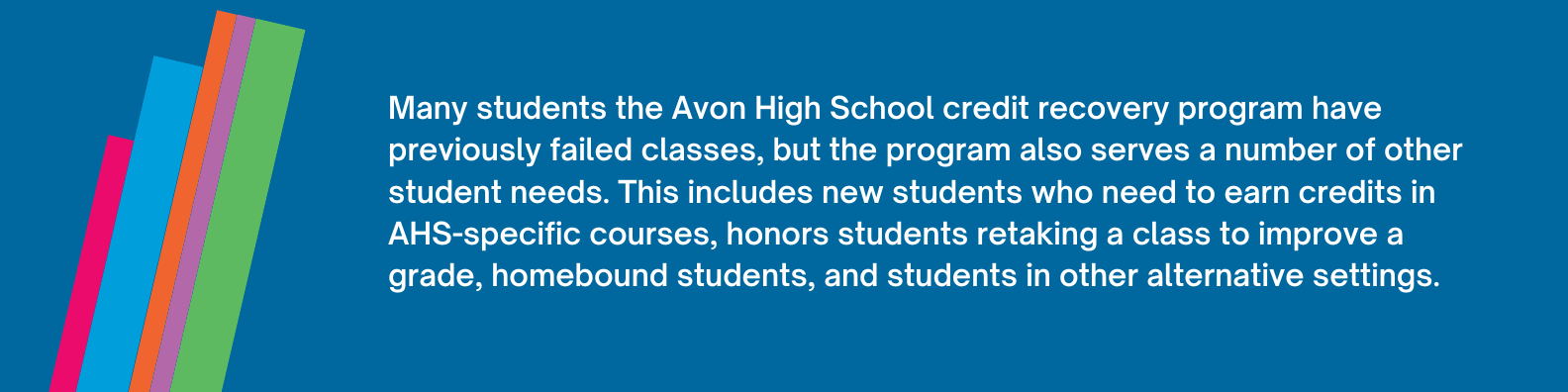 Many students the Avon High School credit recovery program have previously failed classes, but the program also serves a number of other student needs. This includes new students who need to earn credits in AHS-specific courses, honors students retaking a class to improve a grade, homebound students, and students in other alternative settings.