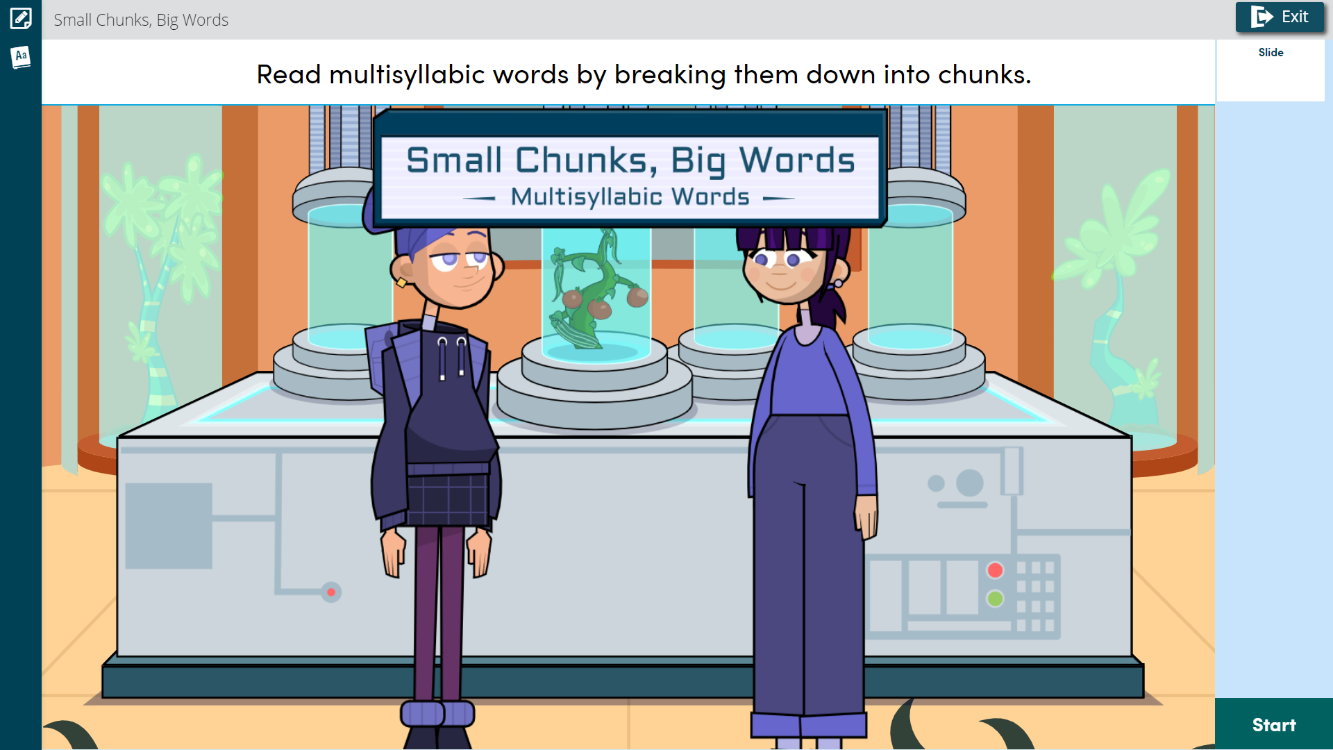 A grade 3 Exact Path lesson introduces a strategy for breaking longer words into smaller parts.