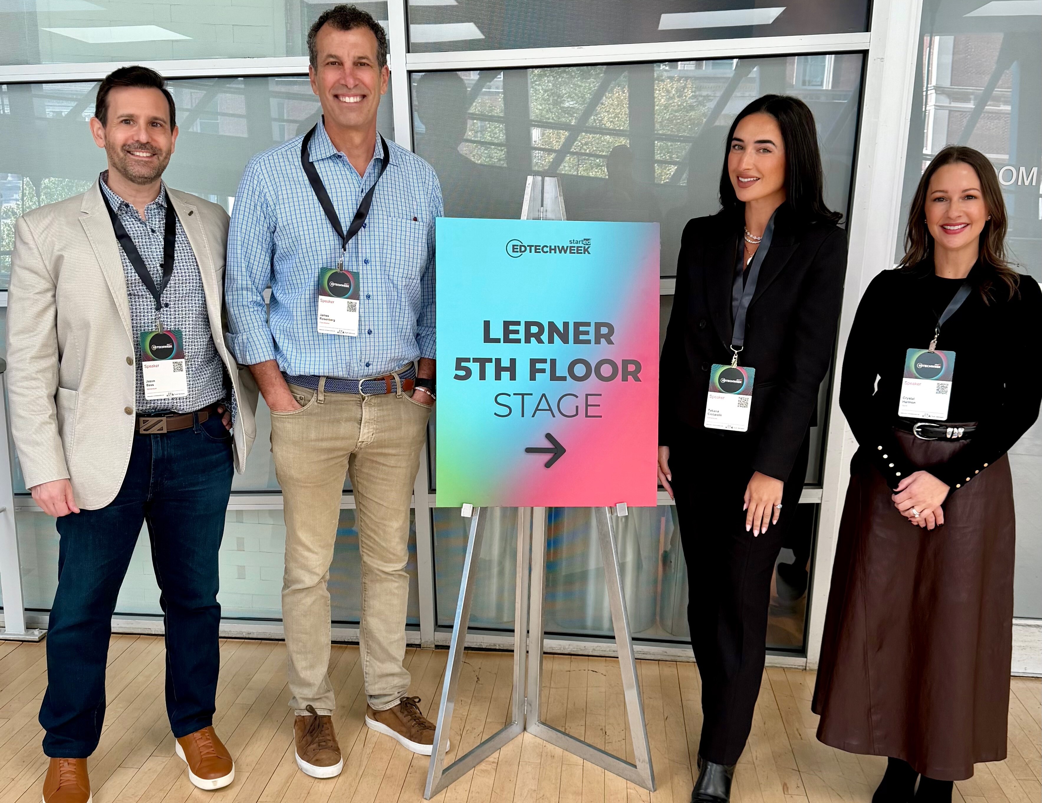 Photo of EdTech Week panelists for the session, Modernizing Career-Connected Learning: From Exploration to Employability and Economic Mobility. Pictured from left to right are Jason Bass, Edmentum; Jamie Rosenberg, ClassWallet; Tatiana Ciccarelli, Edmentum; and Crystal Harmon, TNTP.