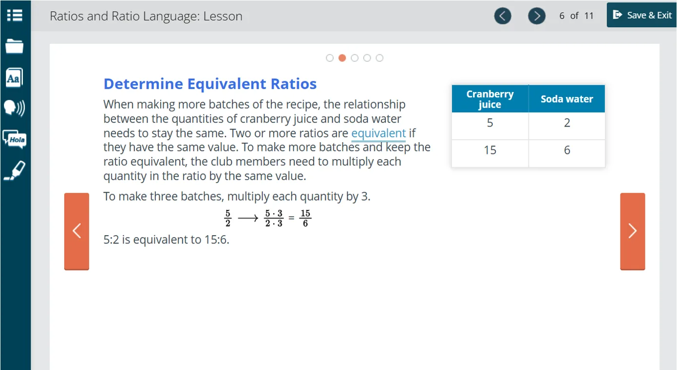 Image depicting a math problem on determining equivalent ratios in a format that is compatible with screen readers and zooming functionality by using MathJax. Rather than depicting images and a number line, the problem is represented as text.