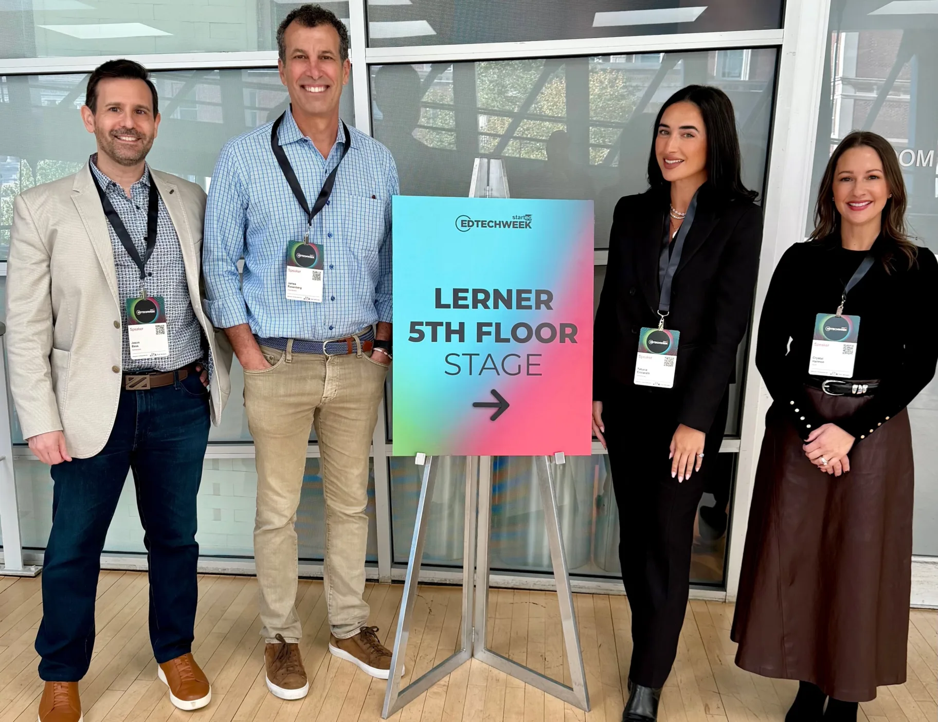 Photo of EdTech Week panelists for the session, Modernizing Career-Connected Learning: From Exploration to Employability and Economic Mobility. Pictured from left to right are Jason Bass, Edmentum; Jamie Rosenberg, ClassWallet; Tatiana Ciccarelli, Edmentum; and Crystal Harmon, TNTP.