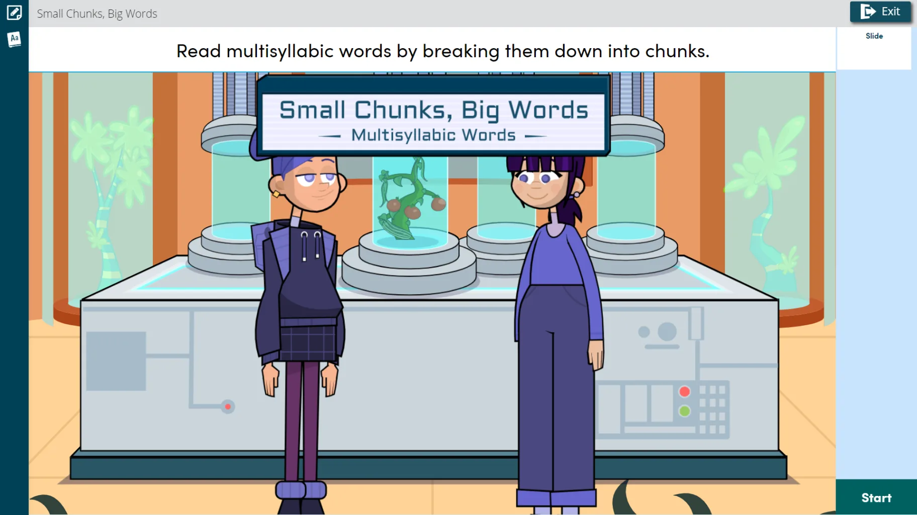 A grade 3 Exact Path lesson introduces a strategy for breaking longer words into smaller parts.