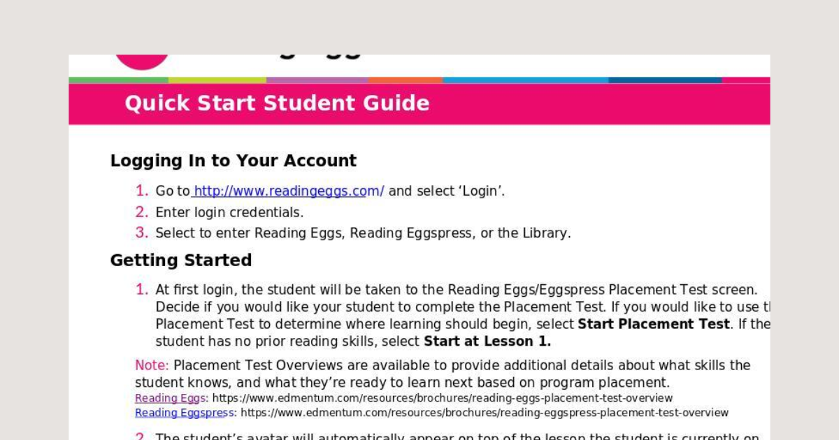 Reading Eggs & Reading Eggspress Quick Start Student Guide Edmentum